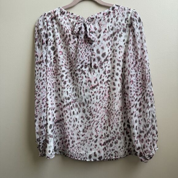 Talbots Womens Shirt Blouse White Pink Leopard Animal Tie Neck Size Medium - Picture 2 of 5